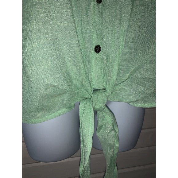Live And Let Live Sz MEDIUM Tie Hem Tunic Top Rayon Aqua Green Lace Detail EUC - Picture 6 of 10